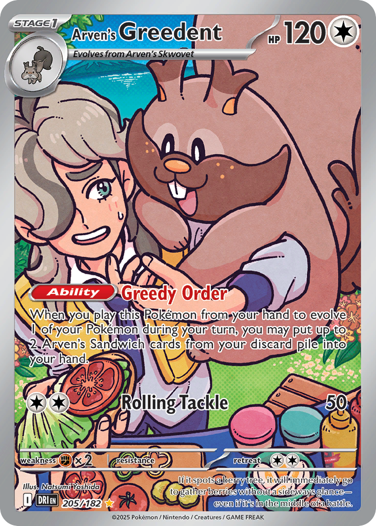 Arven's Greedent — Destined Rivals card #205 full image